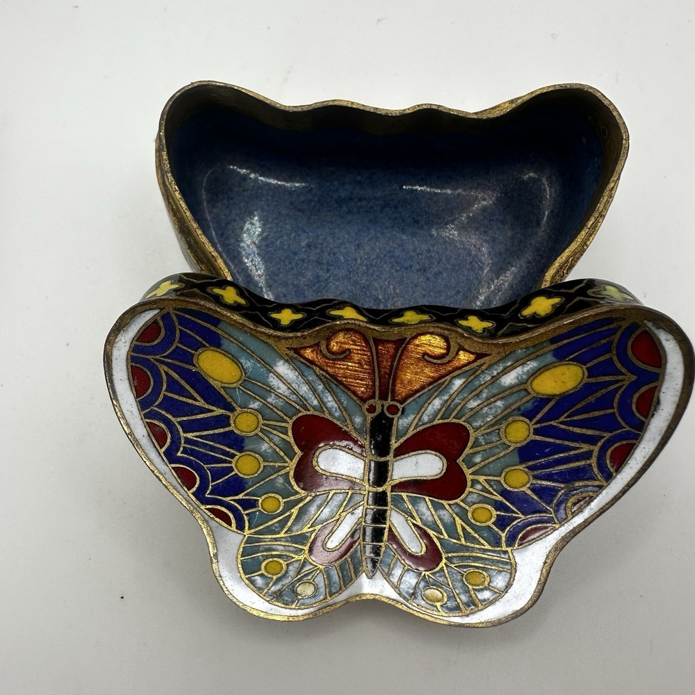 Cloisonné Enamel On Brass Butterfly Shape Trinket Pill Box Multi Color Vintage